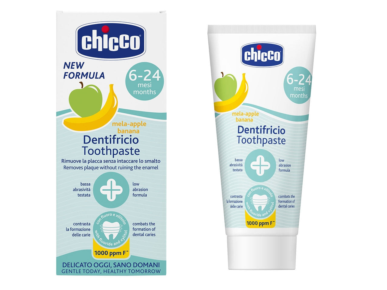 Dentifricio Oral Care Chicco, gusto mela banana per uso quotidiano, 6-24m