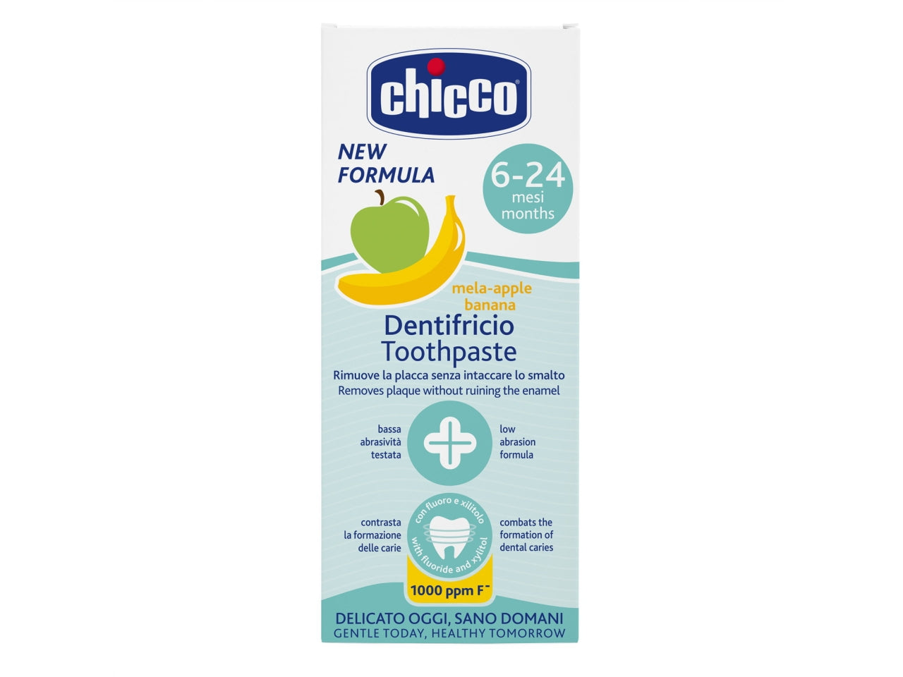 Dentifricio Oral Care Chicco, gusto mela banana per uso quotidiano, 6-24m