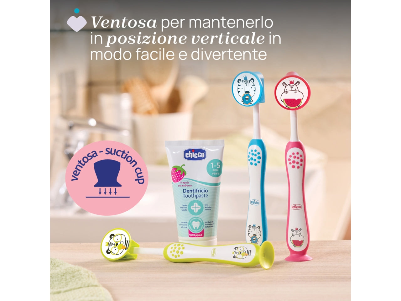 Spazzolino Hippo Oral Care Chicco con setole ultra sottili e impugnatura ergonomica rosa, 3-6 anni