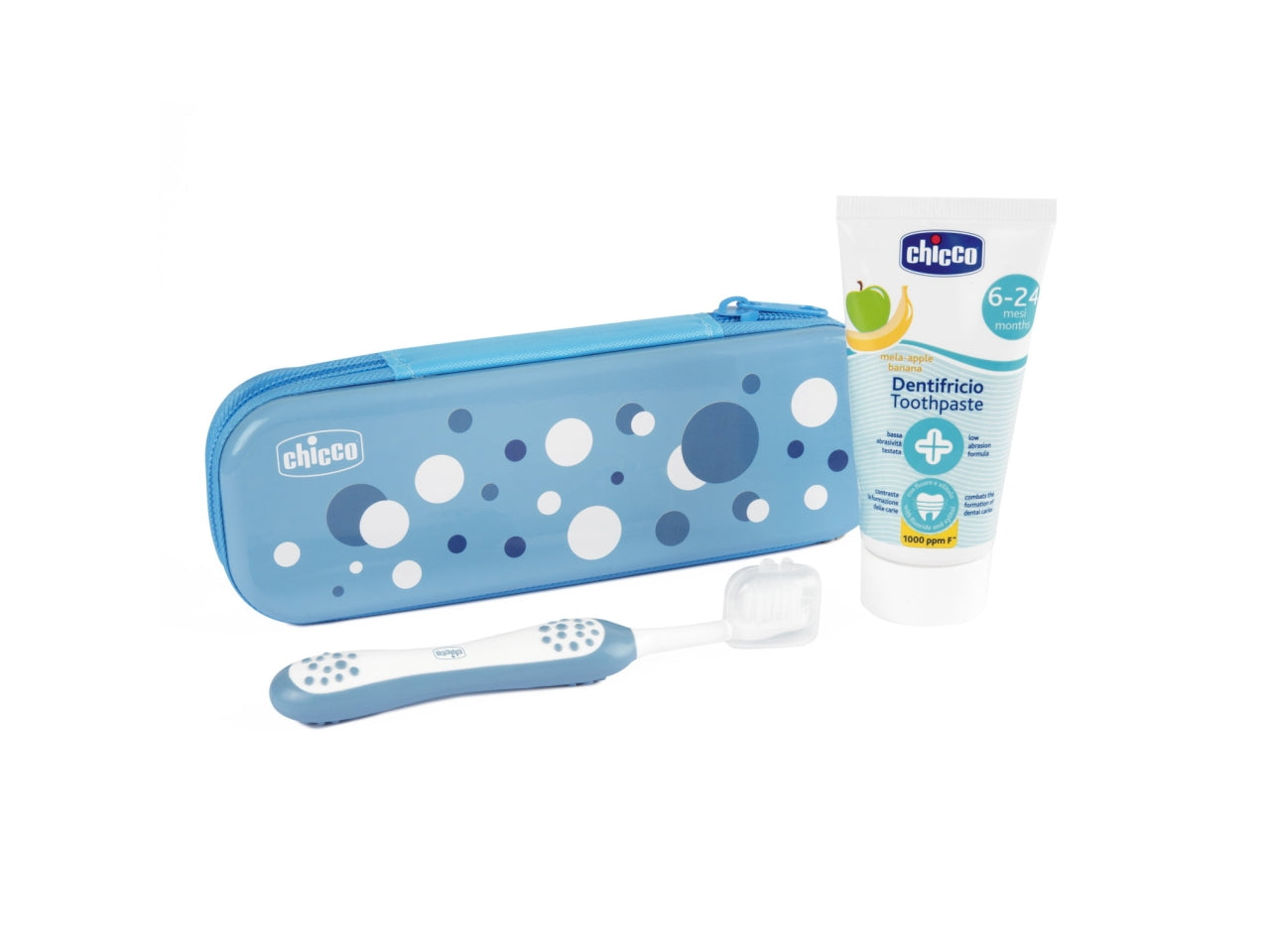 Astuccio Oral Care Chicco per igiene orale fuori casa con spazzolino e dentifricio, colore azzurro, 6 + mesi
