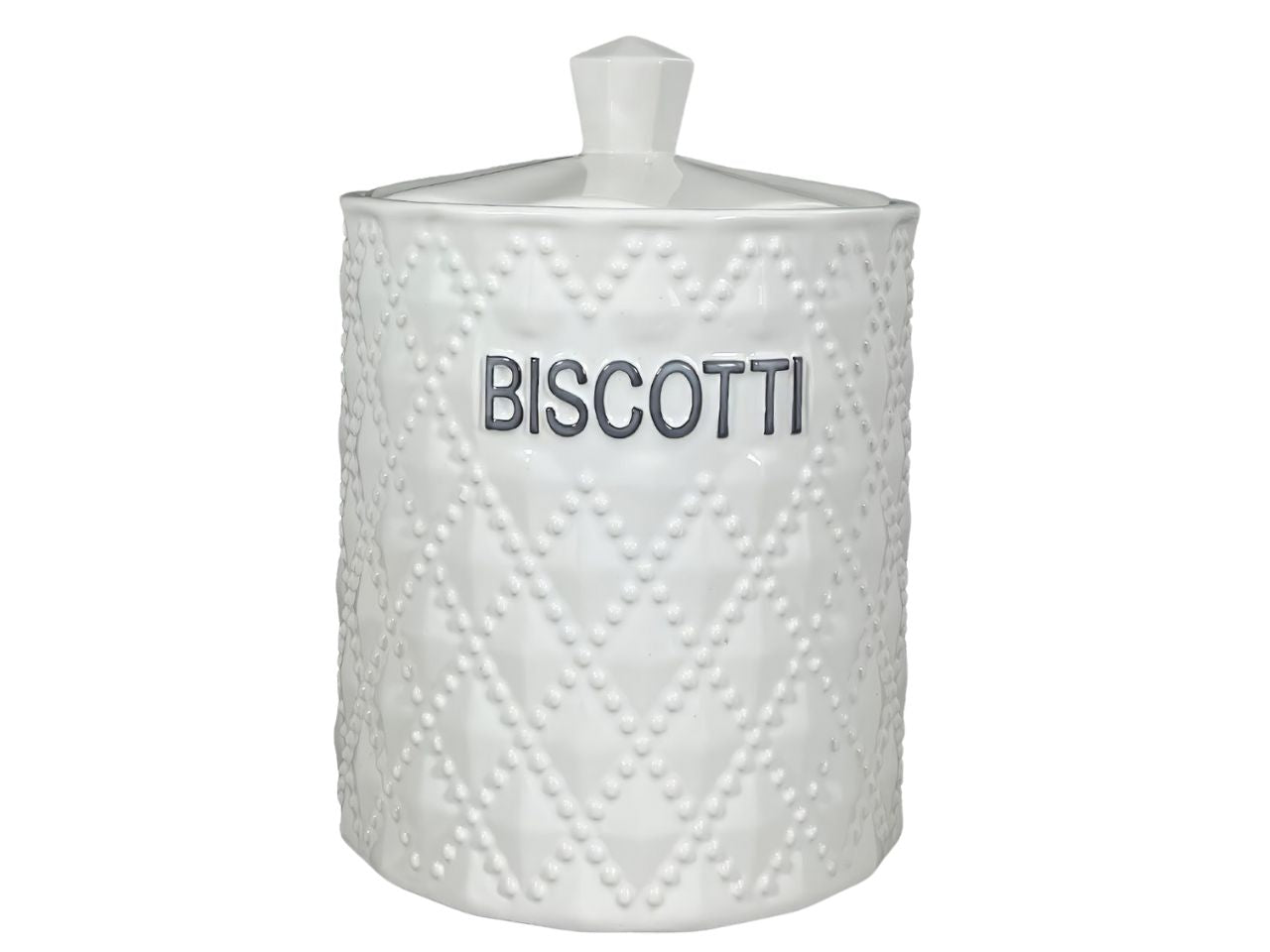 Barattolo da cucina per biscotti in ceramica, shabby chic, color bianco con chiusura ermetica, lavorazioni diagonali e forma cilindrica, compatibile lavastoviglie - 17xh.24cm - Arca