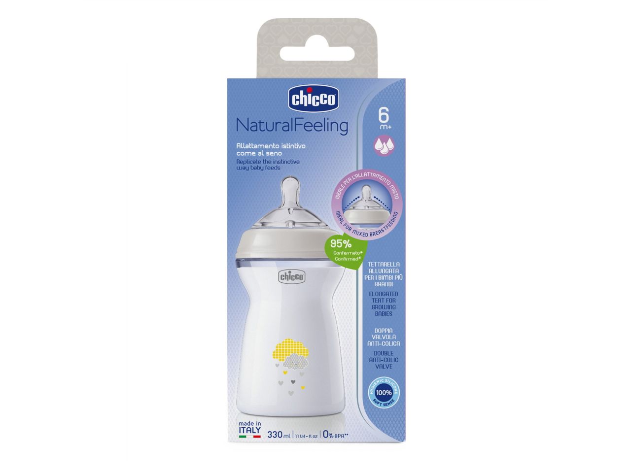 Chicco Natural Feeling Biberon Anticolica 6 Mesi+ da 330 ml con Tettarella in Silicone  Neutro