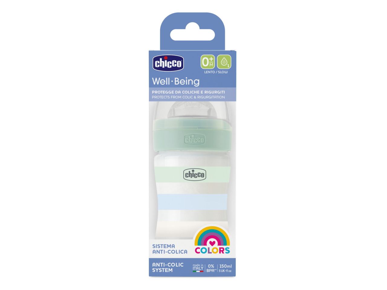 Chicco Biberon Flusso Lento con Tettarella Physio in Silicone 150 ml 0 Mesi+ Azzurro