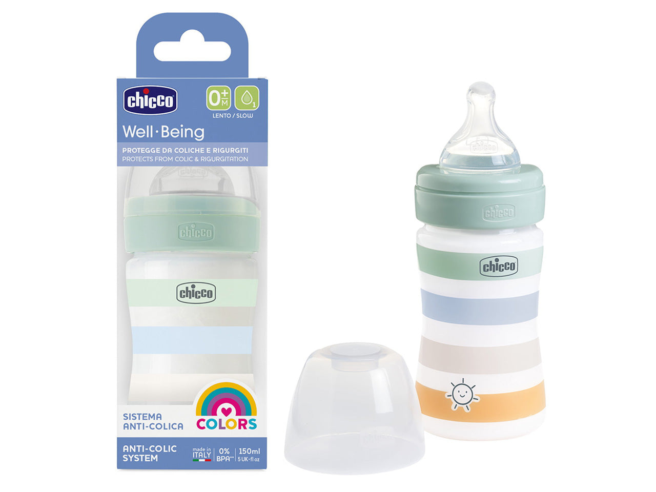 Chicco Biberon Flusso Lento con Tettarella Physio in Silicone 150 ml 0 Mesi+ Azzurro