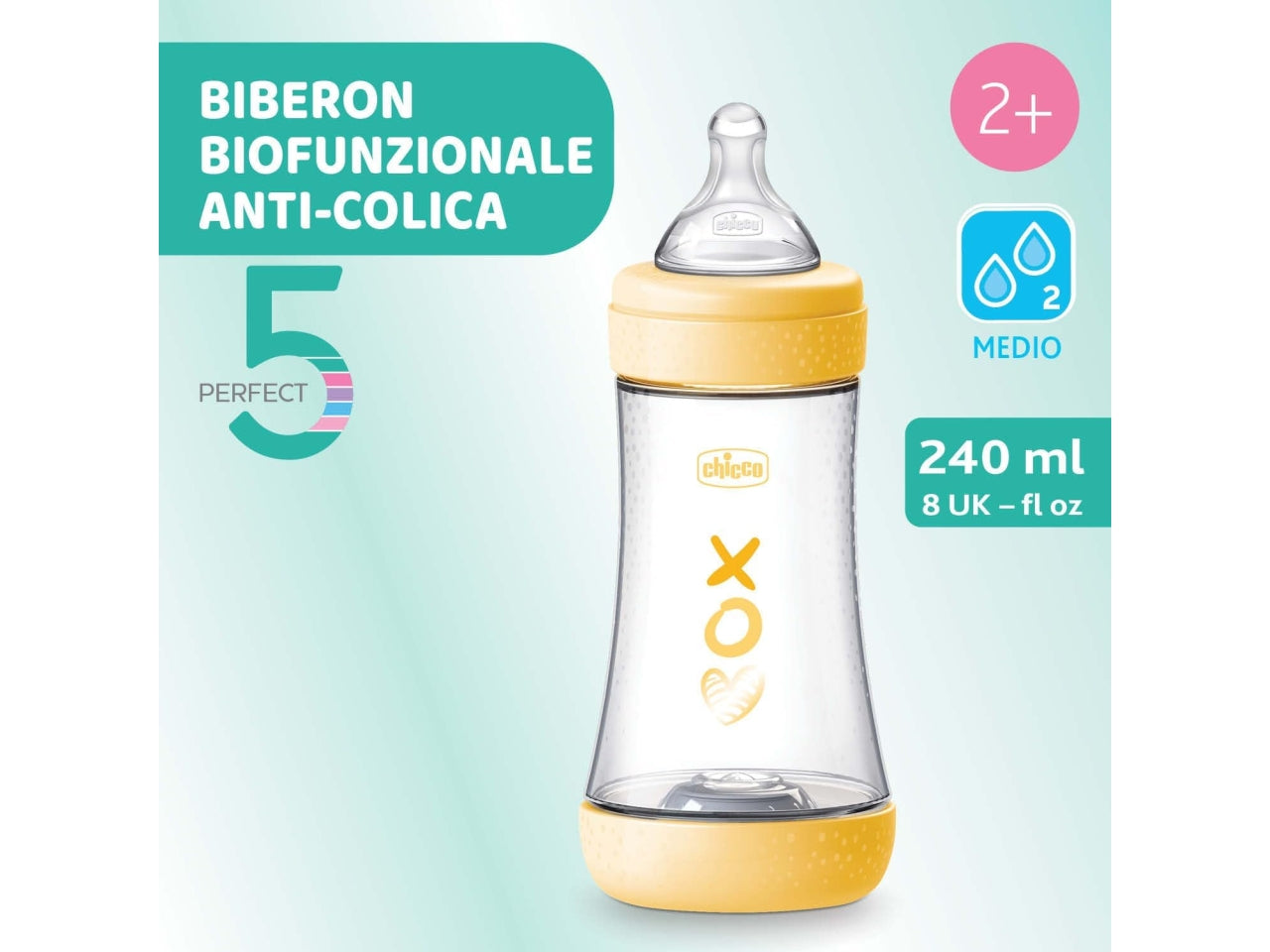 Biberon perfect5 neutro 240ml in silicone 2 fori flusso medio