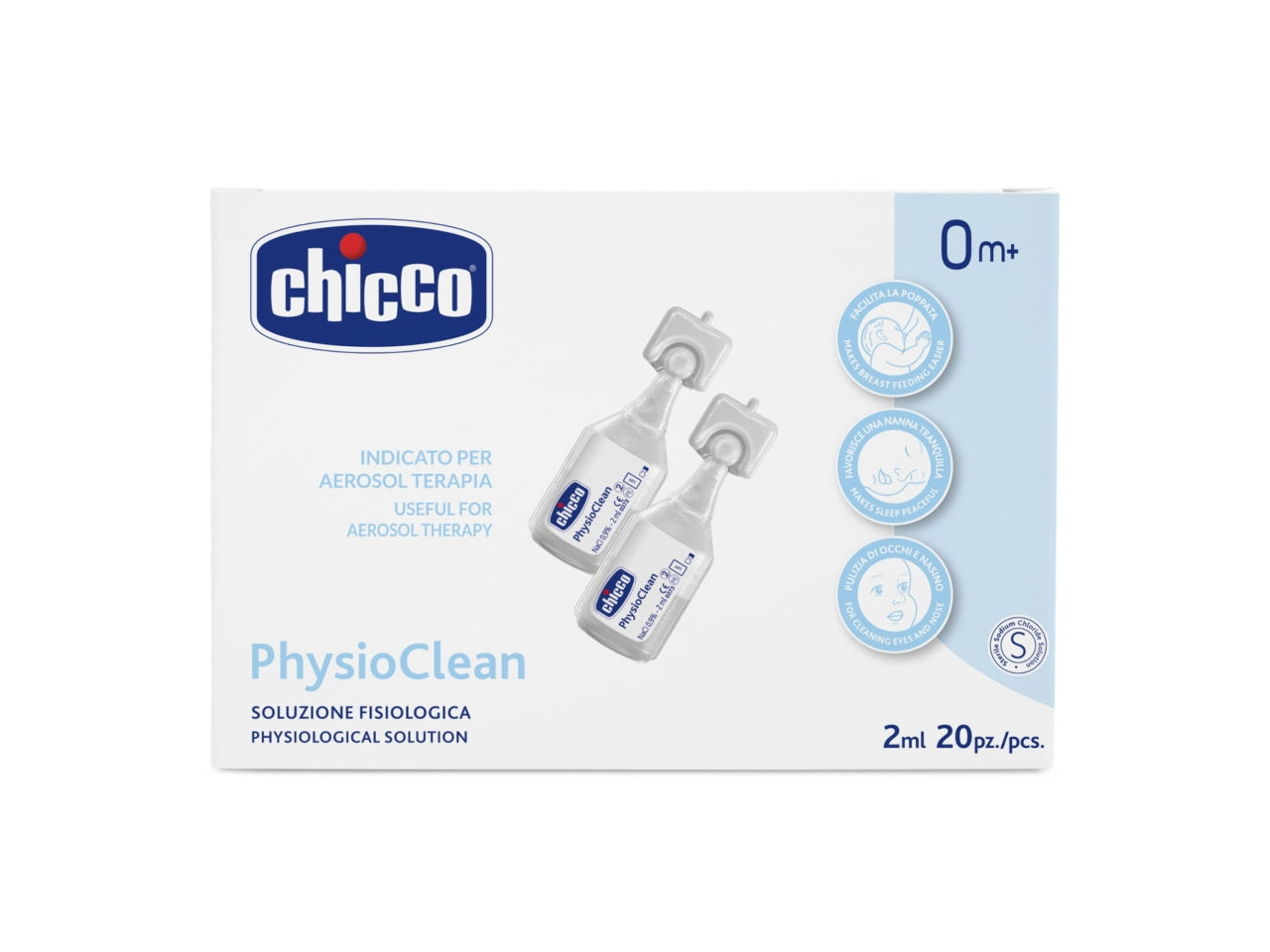 Soluzione Physioclean fisiologica salina isotonica, formato da 2 ml, 20 flaconi - Chicco