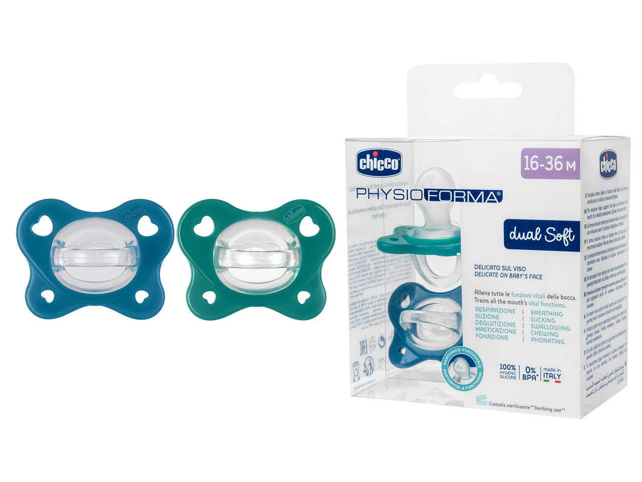 Gommotto ph dual soft blu 16-36 mesi - confezione da 2 ciuccetti | Chicco