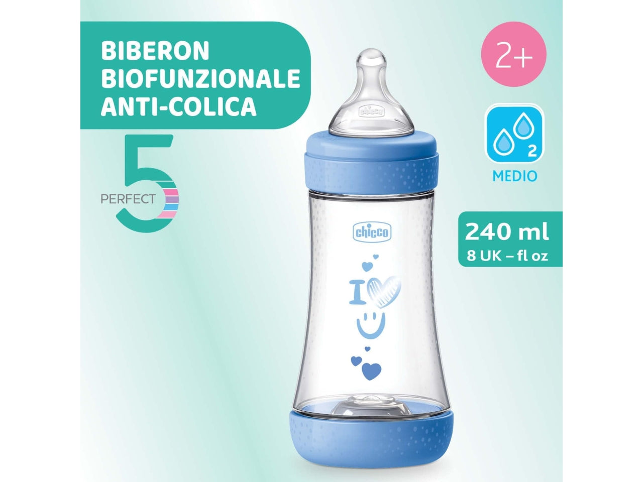 Biberon perfect 5 boy 240 medio silicone, Adatto per 0+ mesi | Chicco