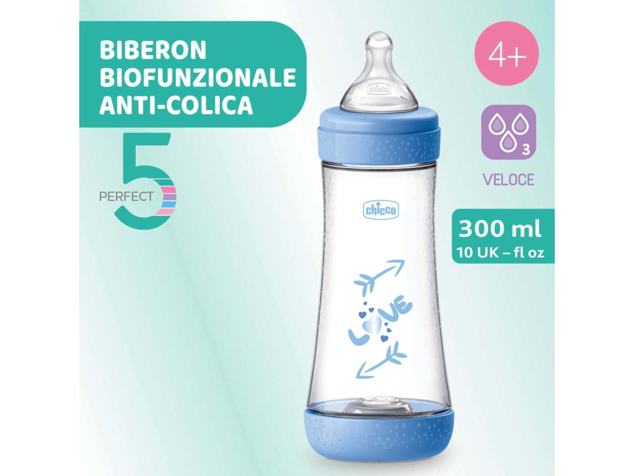 Biberon perfect 5 boy 300 veloce silicone, Adatto per 0+ mesi | Chicco