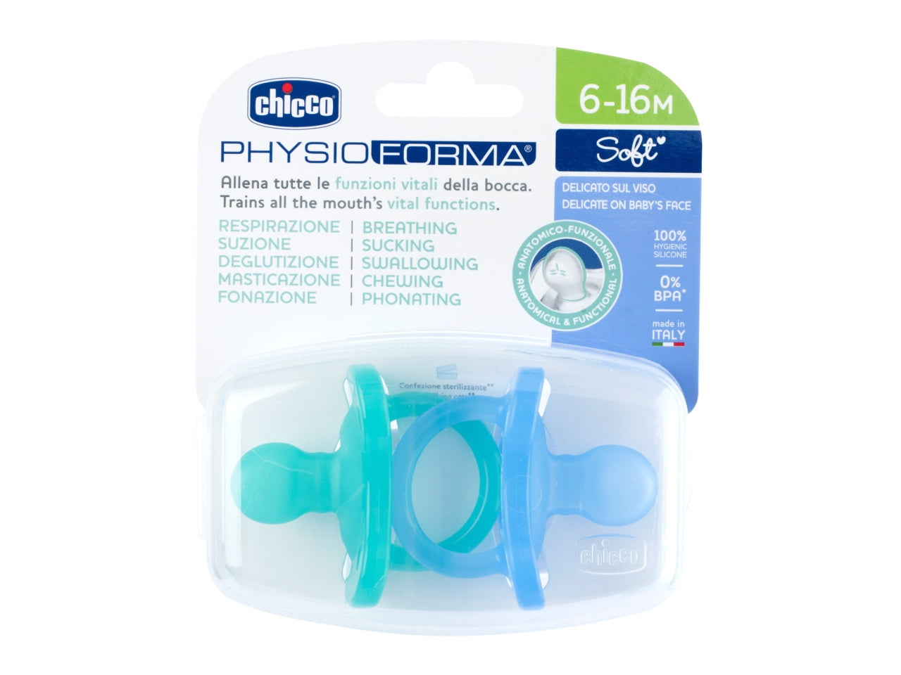 Set di 2 gommotti physio soft azzurro 6-16m, Adatto per 6-16 mesi Chicco