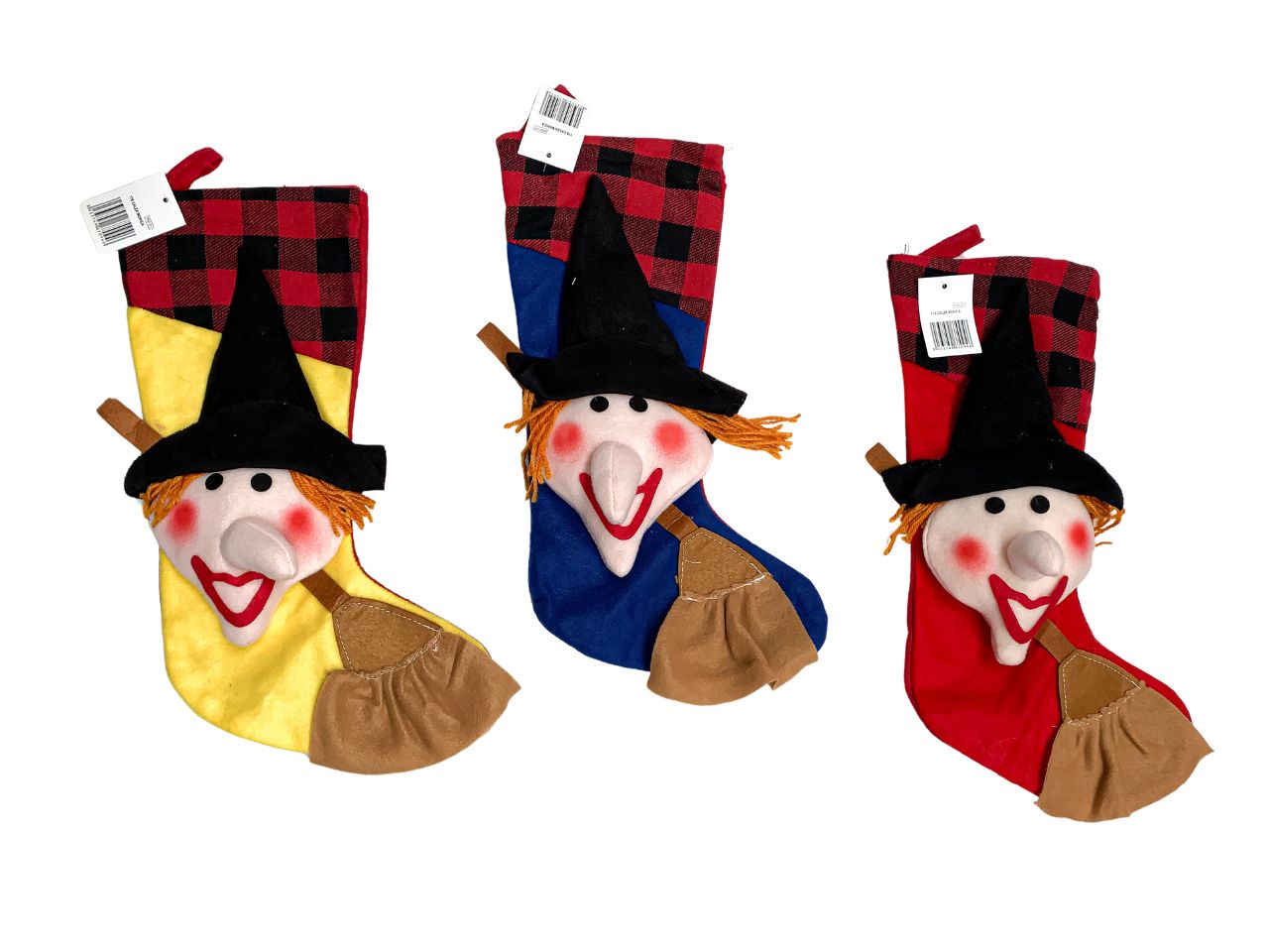 Calza monica panno con befana lusso applicata 20x4x1cm in 3 colori giallo rosso blu