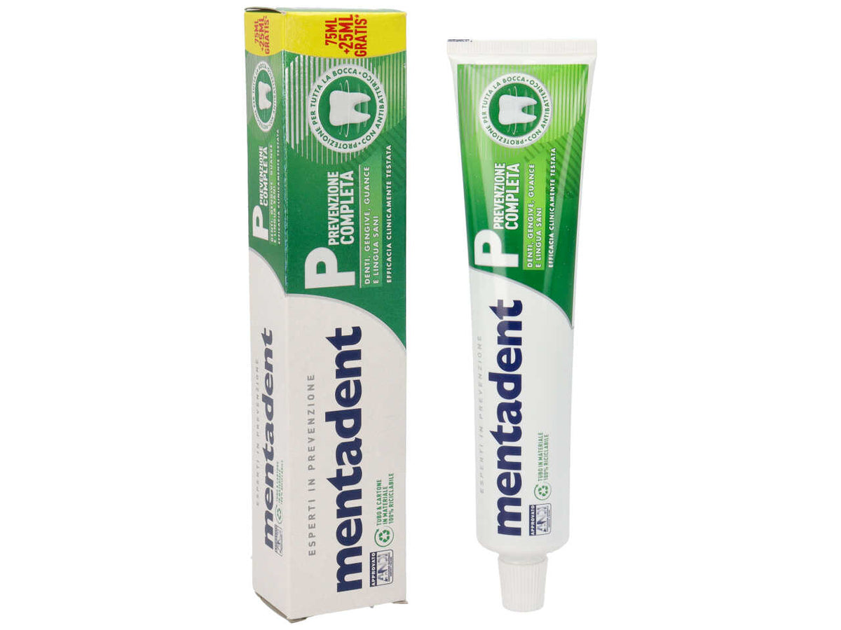 Dentifricio Mentadent P Prevenzione Completa 100ml: Protezione Superiore Anti-Carie, Anti-Placca e Rinfrescante, con Fluoruro e Zinc Mineral, per Tutte le EtÃ  (6+) - Rafforza Gengive e Smalto, Bianco Naturale e Alito Fresco, Efficacia Clinicamente Pr