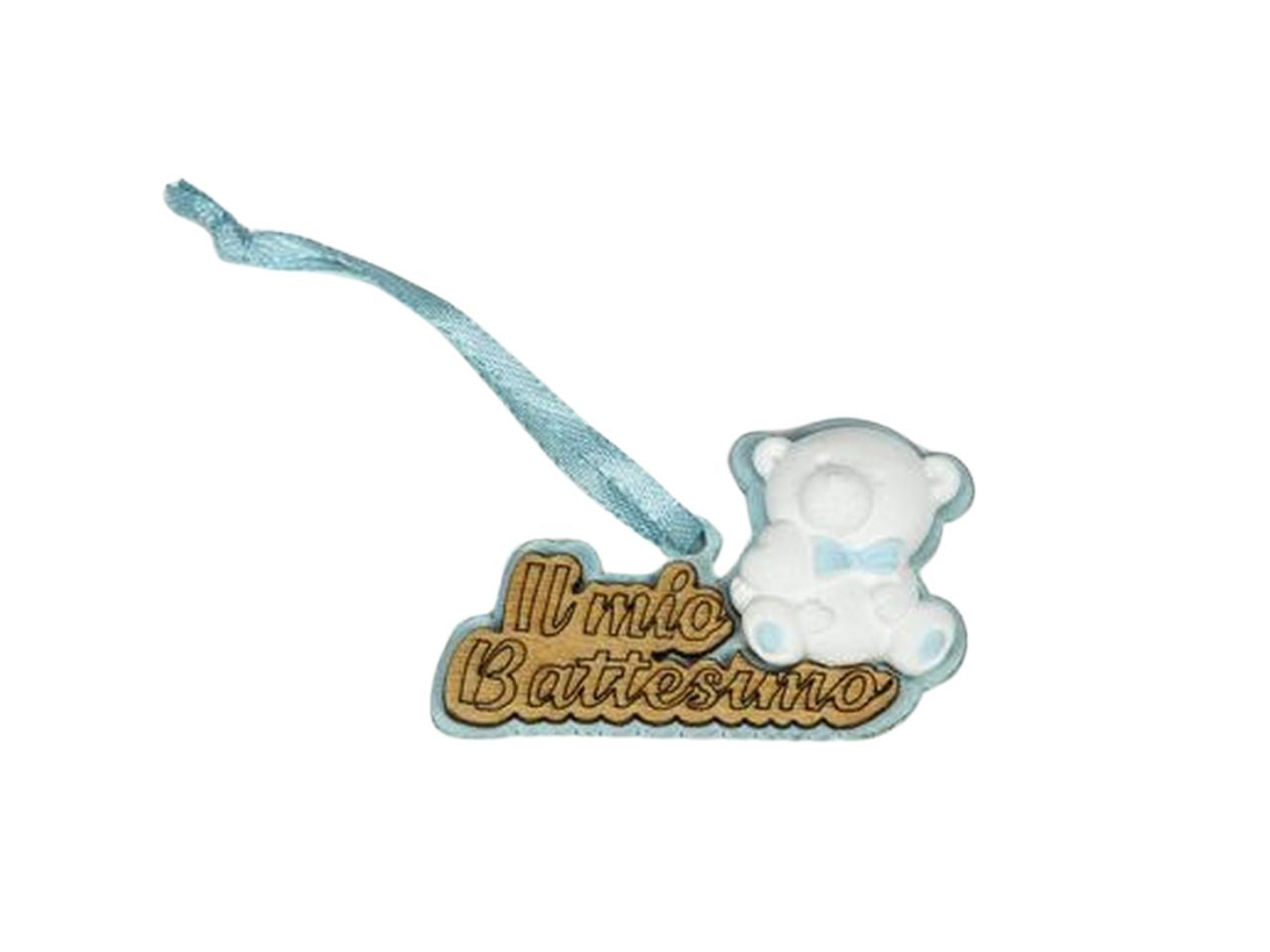 Applicazione legno orsetto battesimo l. 5,5cm celeste
