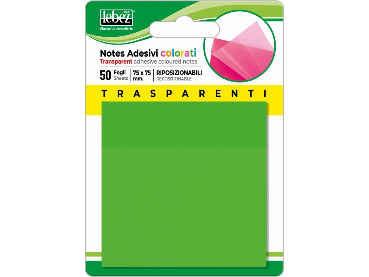 Notes adesivi trasparenti colorati 75x75mm riposizionabili - blocchetto da 50 fogli notes
