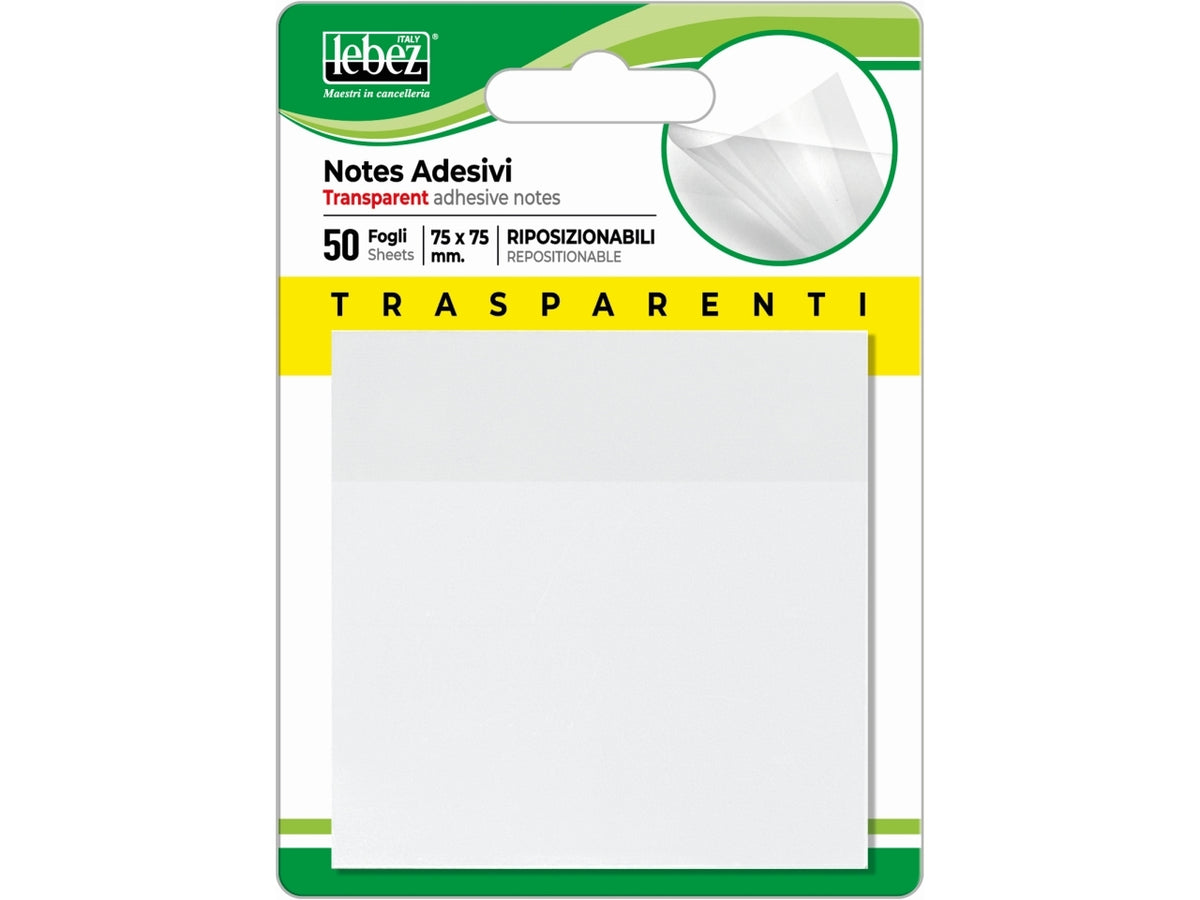 Notes adesivi trasparenti colorati 75x75mm riposizionabili - blocchetto da 50 fogli notes
