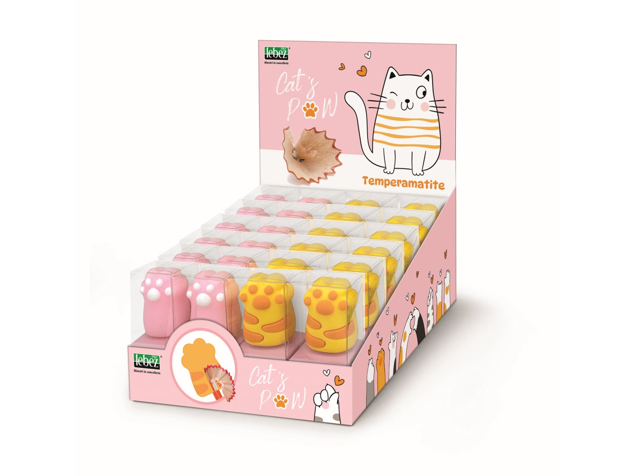 Temperino a zampa catpaw giallo e rosa, plastica morbida - Lebez