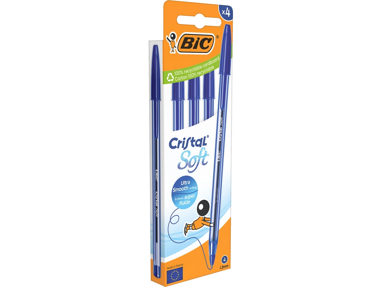 Penna Bic Cristal Soft a sfera colore blu, tratto 1.2 mm, confezione 4 pezzi