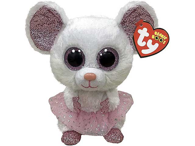 Peluche Ty Beanie Boos Nina Topolina Ballerina con occhioni zampine orecchie e tutÃ¹ rosa glitterati bianco 15 cm
