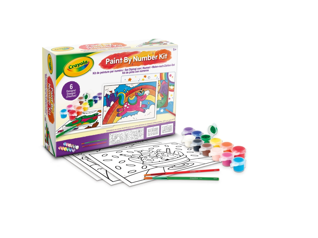 Set Dipingi con i Numeri - Multicolor, 26,5x5,6x20 cm, Carta e Plastica, Provenienza Italia, Certificato CE, Unisex, EtÃ  5+, 2 Set di Barattolini di Tempere Lavabili da 6 (12 Colori Totali), 2 Pennelli, 2 Cornici Ripiegate, 6 Modelli Colora - Crayola