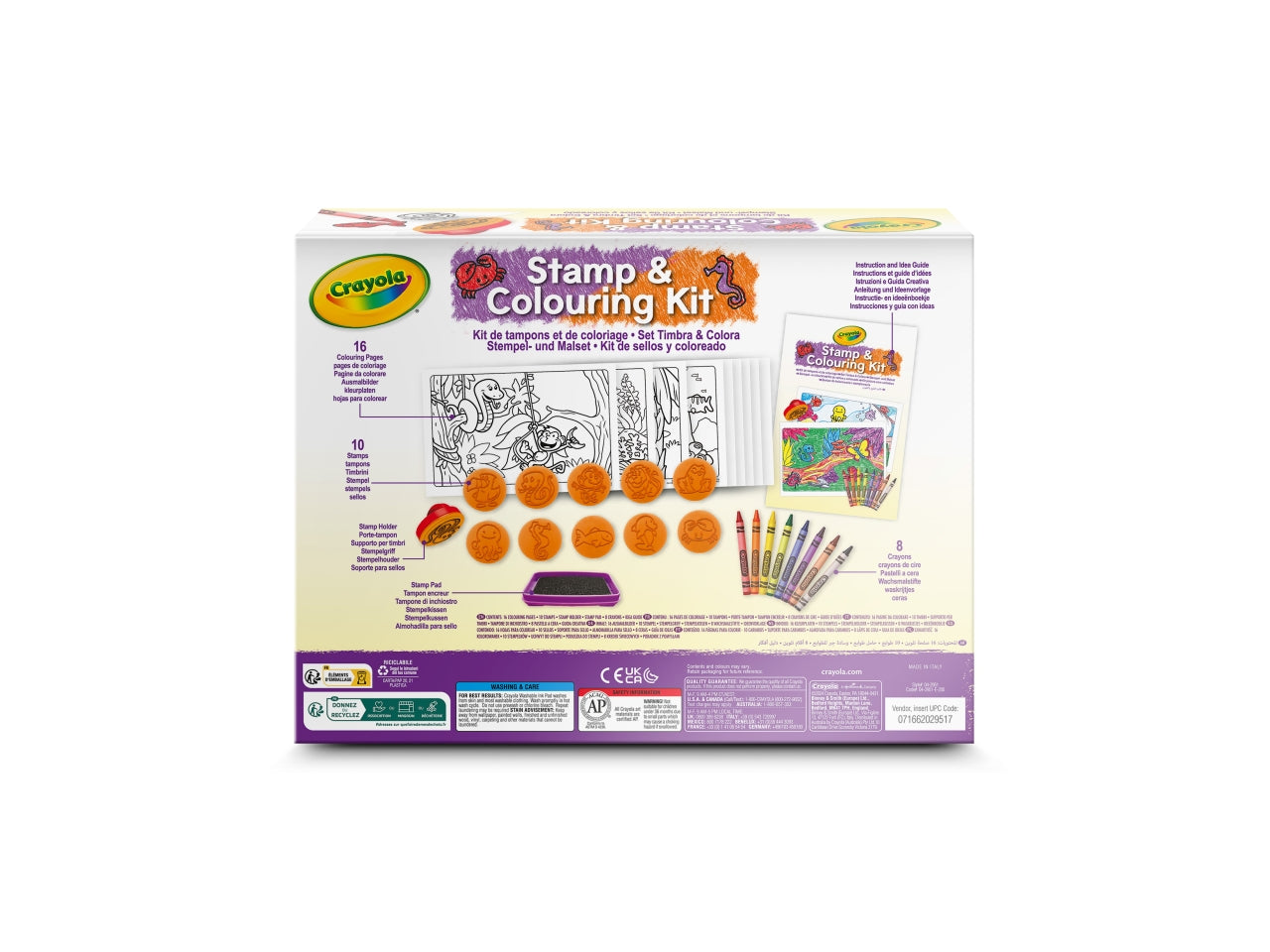 Timbra e Colora - Multicolor, 26,5x5,6x20 cm, 320 gr, Carta e Plastica, Provenienza Italia, Certificato CE, Unisex, EtÃ  5+, 8 Pastelli a Cera, 10 Timbri a Tema Mare e Giungla, 1 Supporto per Timbro, Cuscinetto per Timbri, 16 Pagine da Colorare, Guida