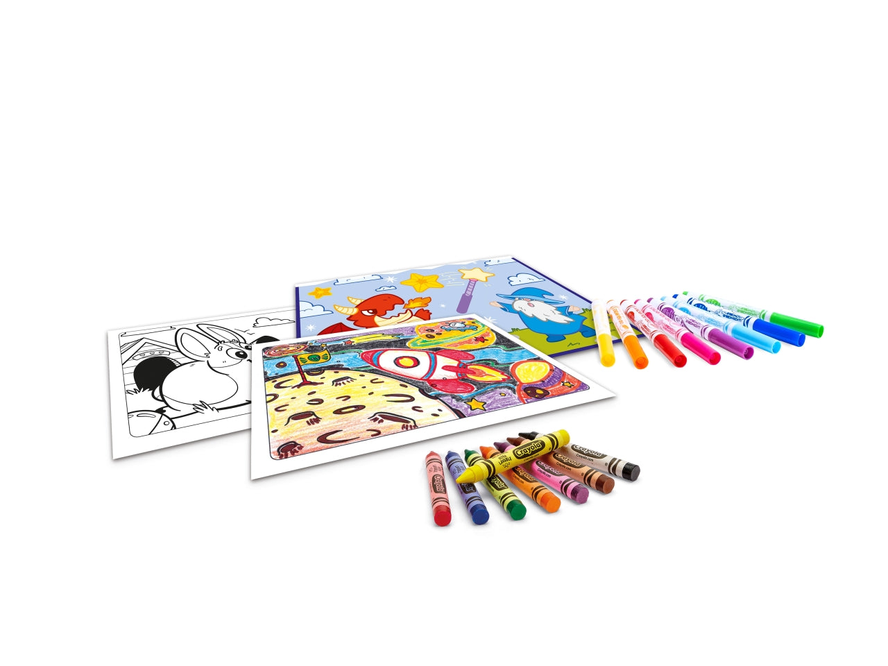 Set Stencil Fun - Multicolor, 26,5x5,6x20 cm, 320 gr, Carta, Provenienza Italia, Certificato CE, Unisex, EtÃ  5+, 8 Pennarelli, 8 Pastelli a Cera, 4 Fogli di Stencils, Album da Colorare 16 Pagine, 1 Poster, Guida (8 Pagine) | Crayola
