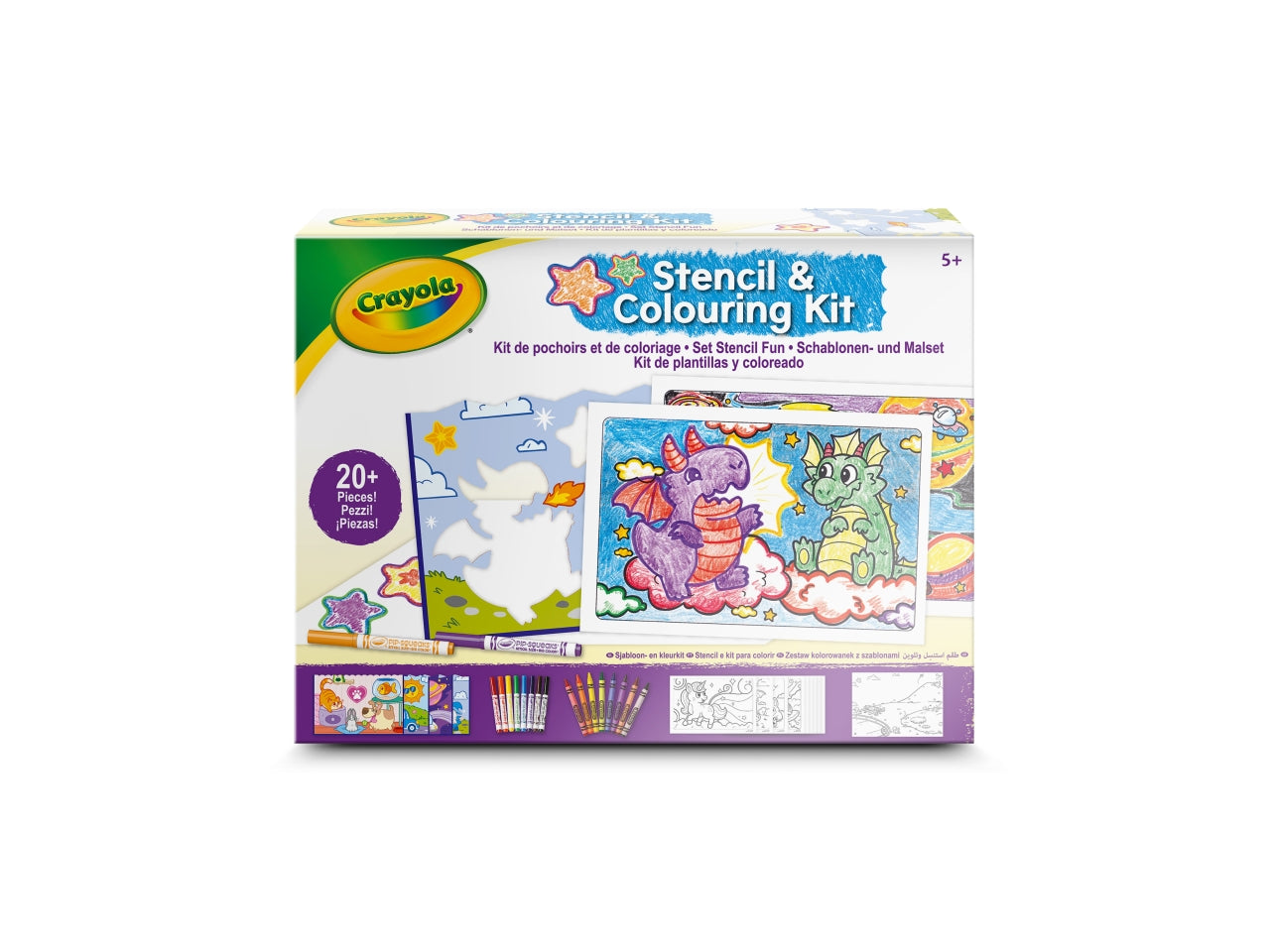 Set Stencil Fun - Multicolor, 26,5x5,6x20 cm, 320 gr, Carta, Provenienza Italia, Certificato CE, Unisex, EtÃ  5+, 8 Pennarelli, 8 Pastelli a Cera, 4 Fogli di Stencils, Album da Colorare 16 Pagine, 1 Poster, Guida (8 Pagine) | Crayola
