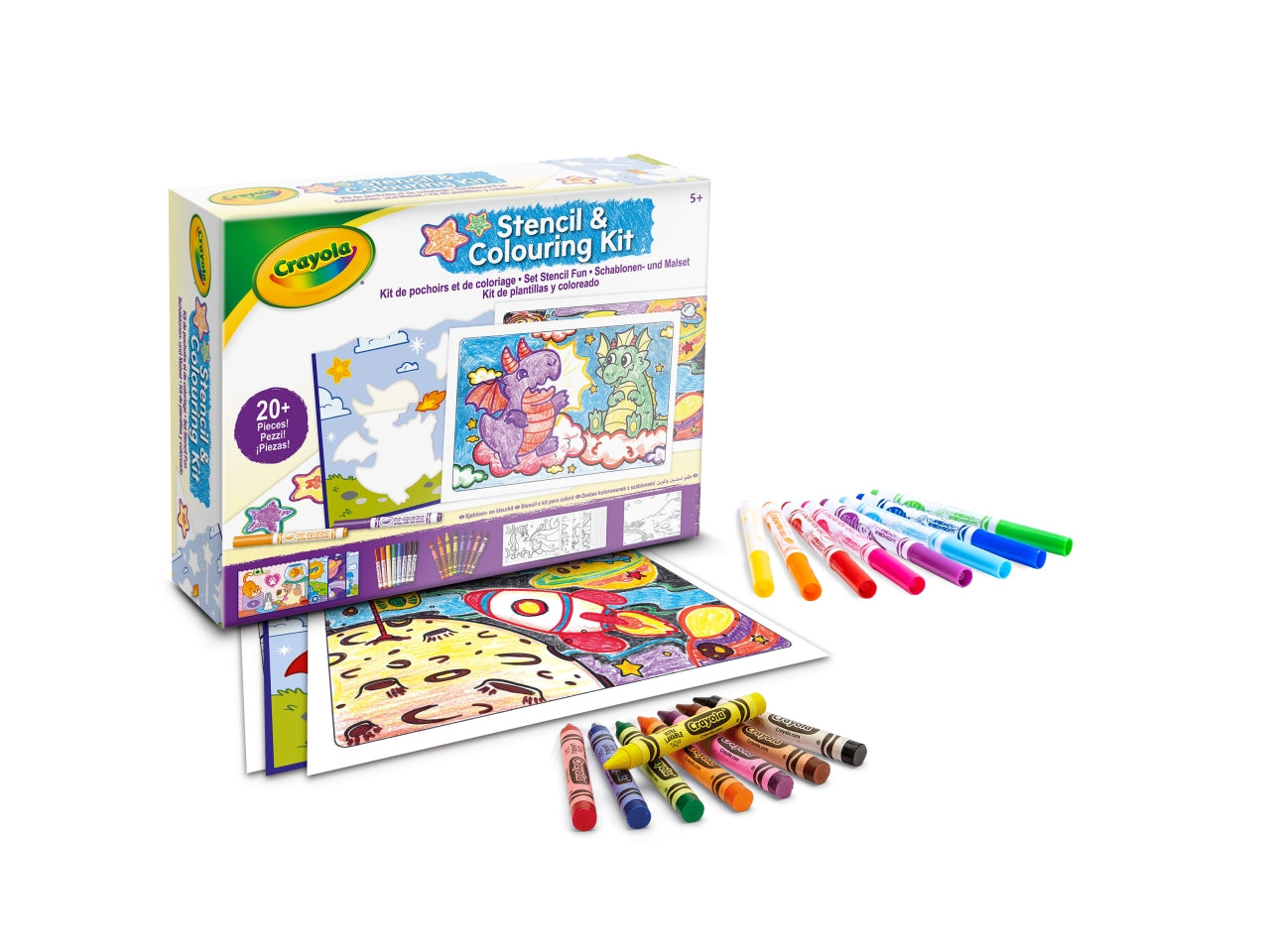 Set Stencil Fun - Multicolor, 26,5x5,6x20 cm, 320 gr, Carta, Provenienza Italia, Certificato CE, Unisex, EtÃ  5+, 8 Pennarelli, 8 Pastelli a Cera, 4 Fogli di Stencils, Album da Colorare 16 Pagine, 1 Poster, Guida (8 Pagine) | Crayola