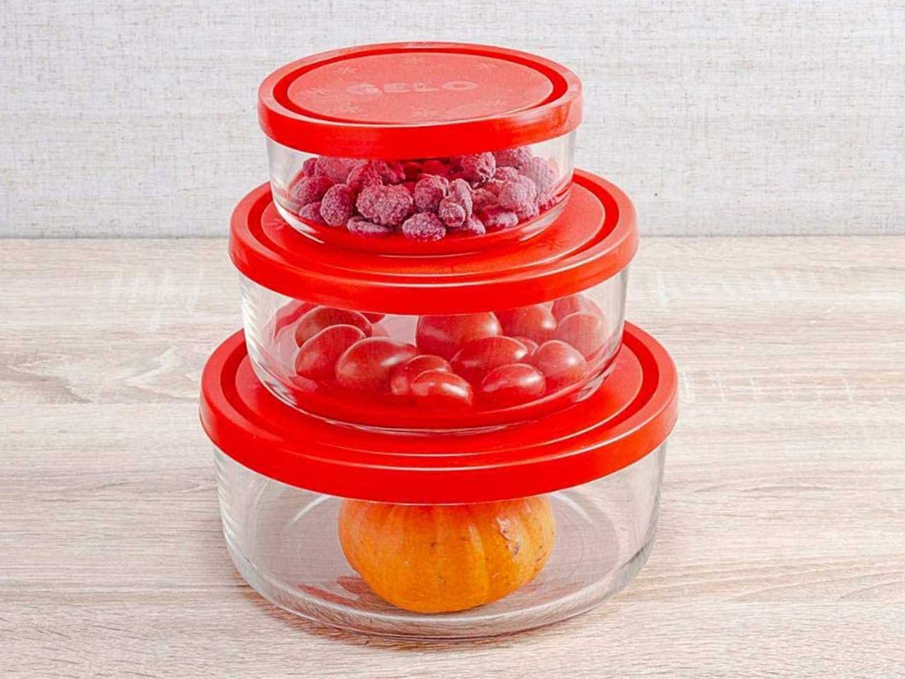 Contenitori in vetro tondi Gelo con coperchio, set da 3 contenitori