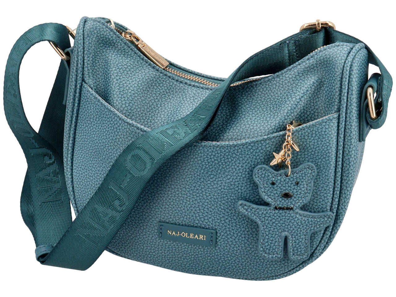 Borsa a tracolla da donna colore blu jeans in similpelle con ciondolo orsetto, 20x24x8,5 cm - Naj Oleari $