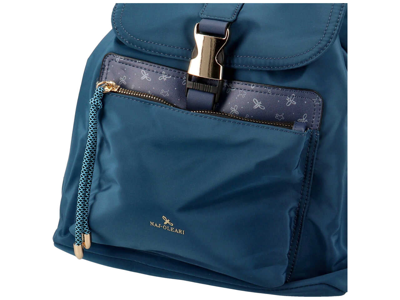 Zaino da donna blu in tessuto con pattina e chiusura a fibbia, 30x30x12 cm - Naj Oleari $
