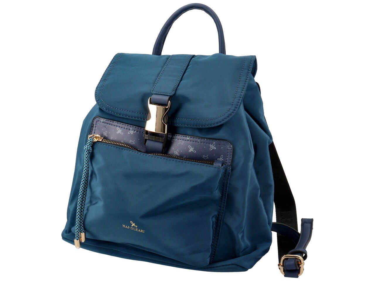 Zaino da donna blu in tessuto con pattina e chiusura a fibbia, 30x30x12 cm - Naj Oleari $