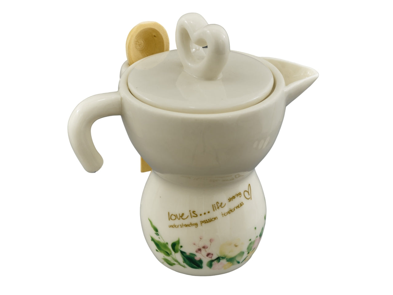 Zuccheriera Rosedream bianca in Ceramica Lucida - Motivo Floreale e Scritta Decorativa, con Cucchiaino in Legno - Design Italiano by Melograno - 12x9x12cm