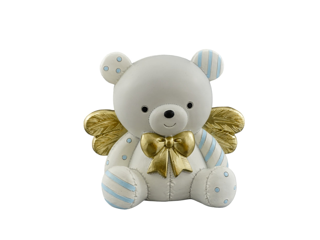 Bomboniera nascita bimbo Salvadanaio Orsetto celeste in resina Lightblugold Strip 14x10x12cm - Design Italiano, Ideale per Battesimo e Nascita