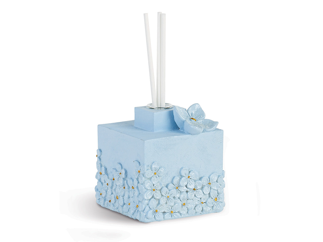 Diffusore azzurro 7x8cm con fiori glitterati e scatola