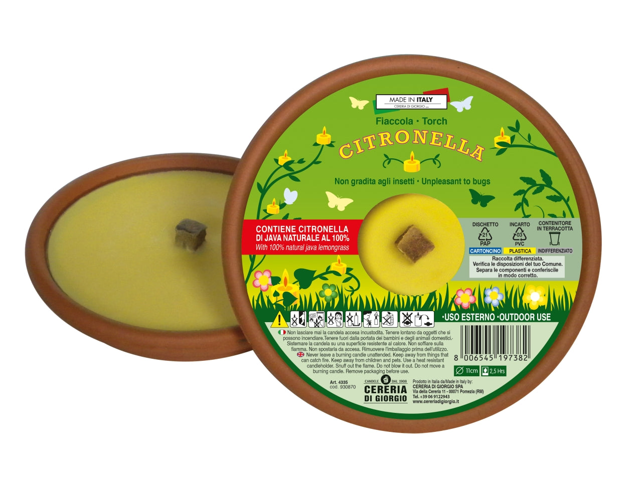Citronella in vaso di terracotta e paraffina per uso esterno con stoppino in fibra di legno diametro 11 cm - Cereria Di Giorgio