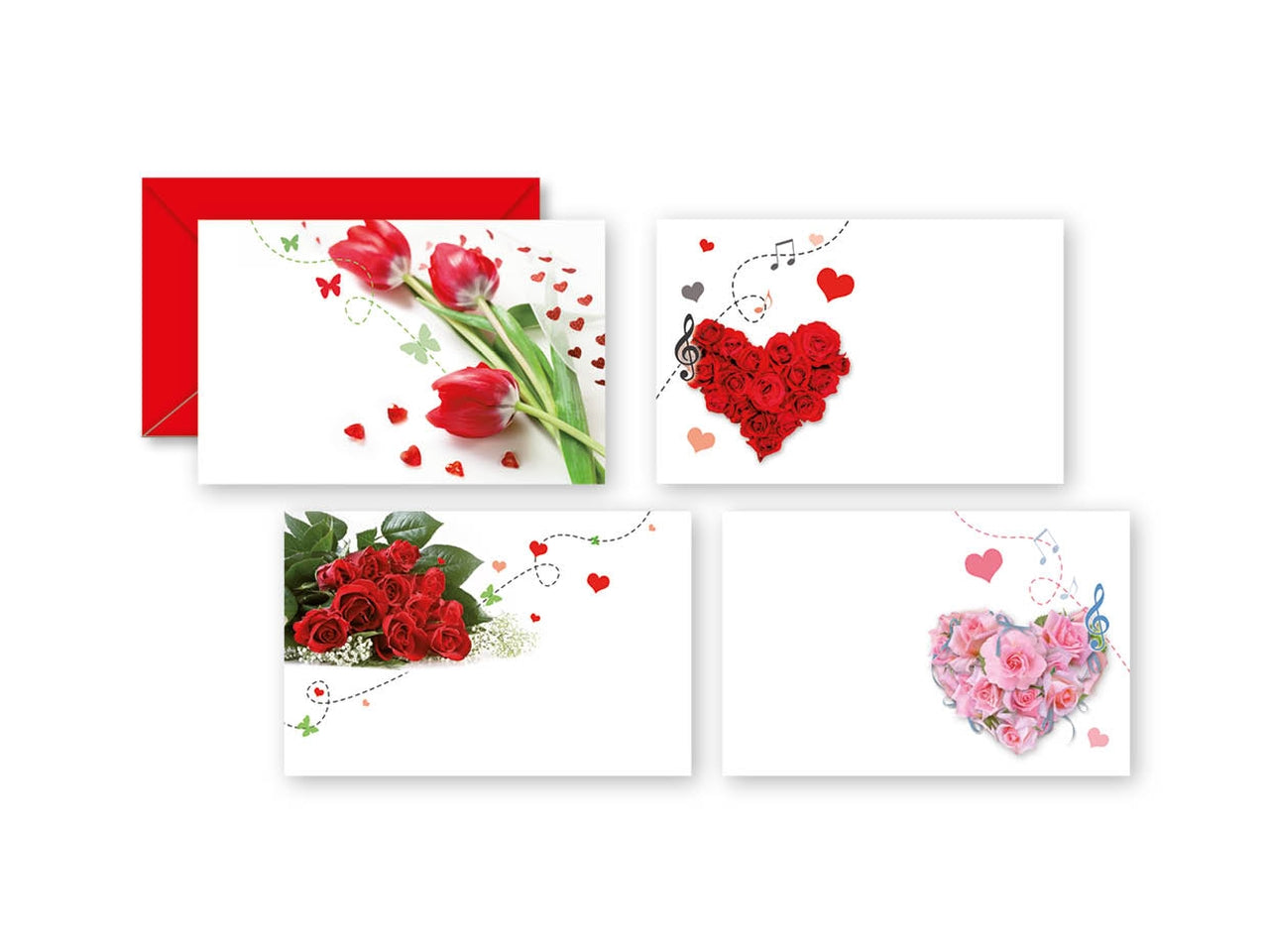 Bigliettino e busta speciale 25x4 soggetti assortiti  fiori e musica colorate misura 6x8cm - la confezione comprende 100 buste e 100 bigliettini