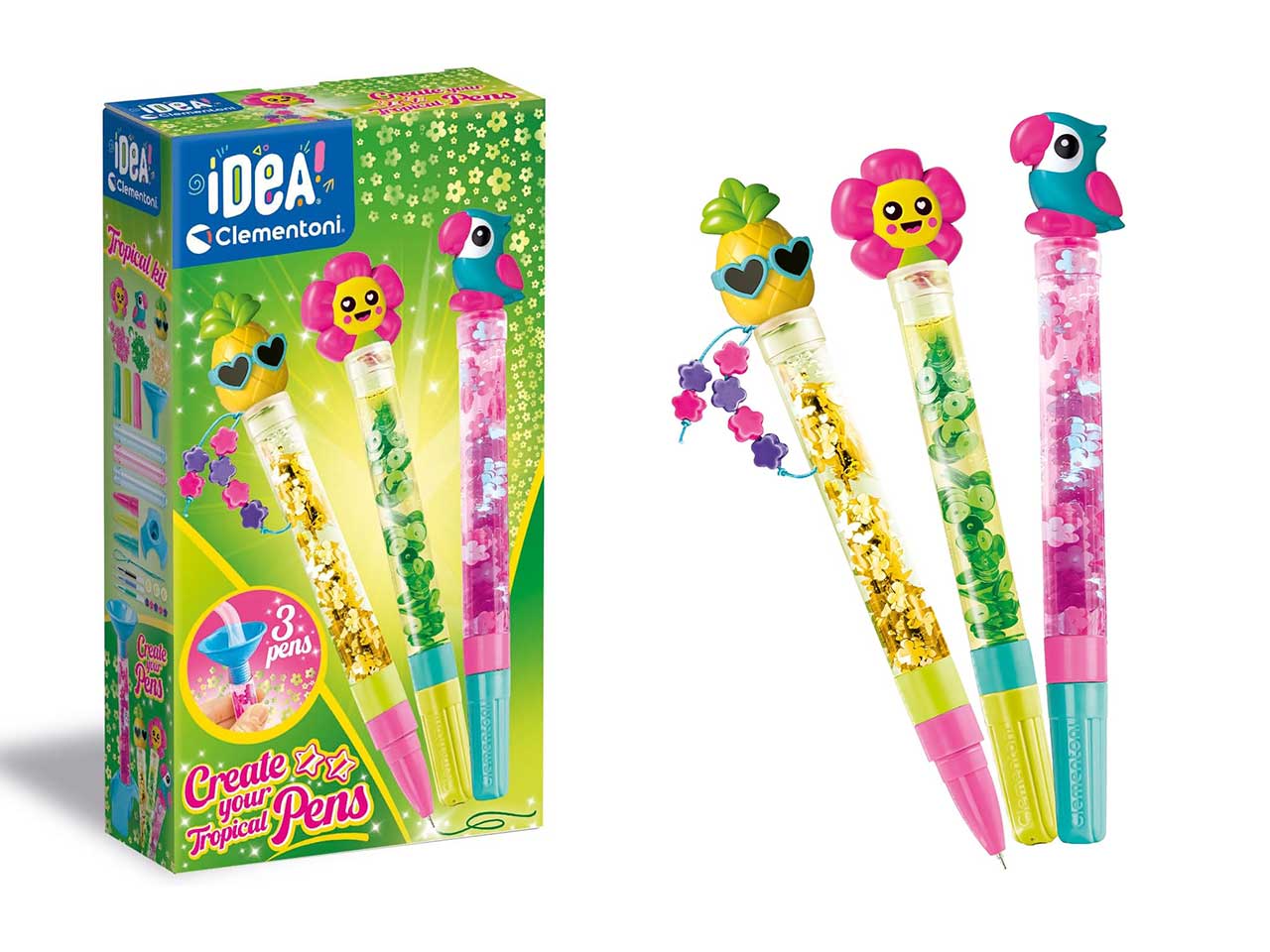 Clementoni Crea le tue penne Tropicali, kit fai da te di 3 penne da assemblare e personalizzare, 6+ anni, made in Italy