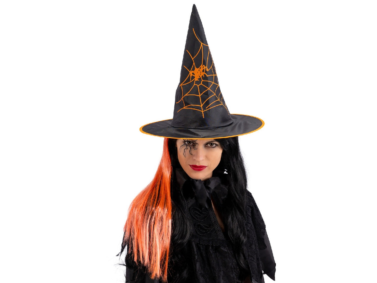 Cappello strega in tessuto plastificato con capelli arancioni h.35cm