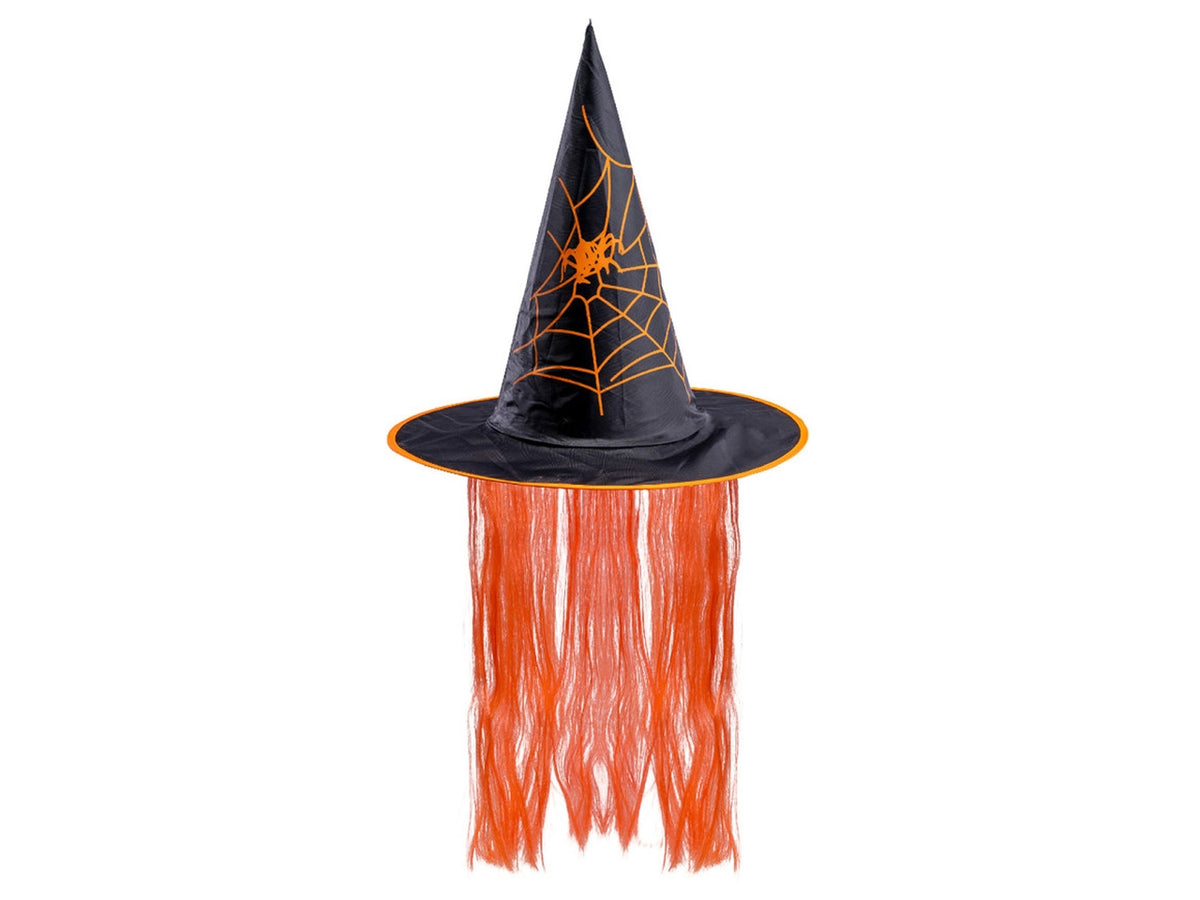 Cappello strega in tessuto plastificato con capelli arancioni h.35cm