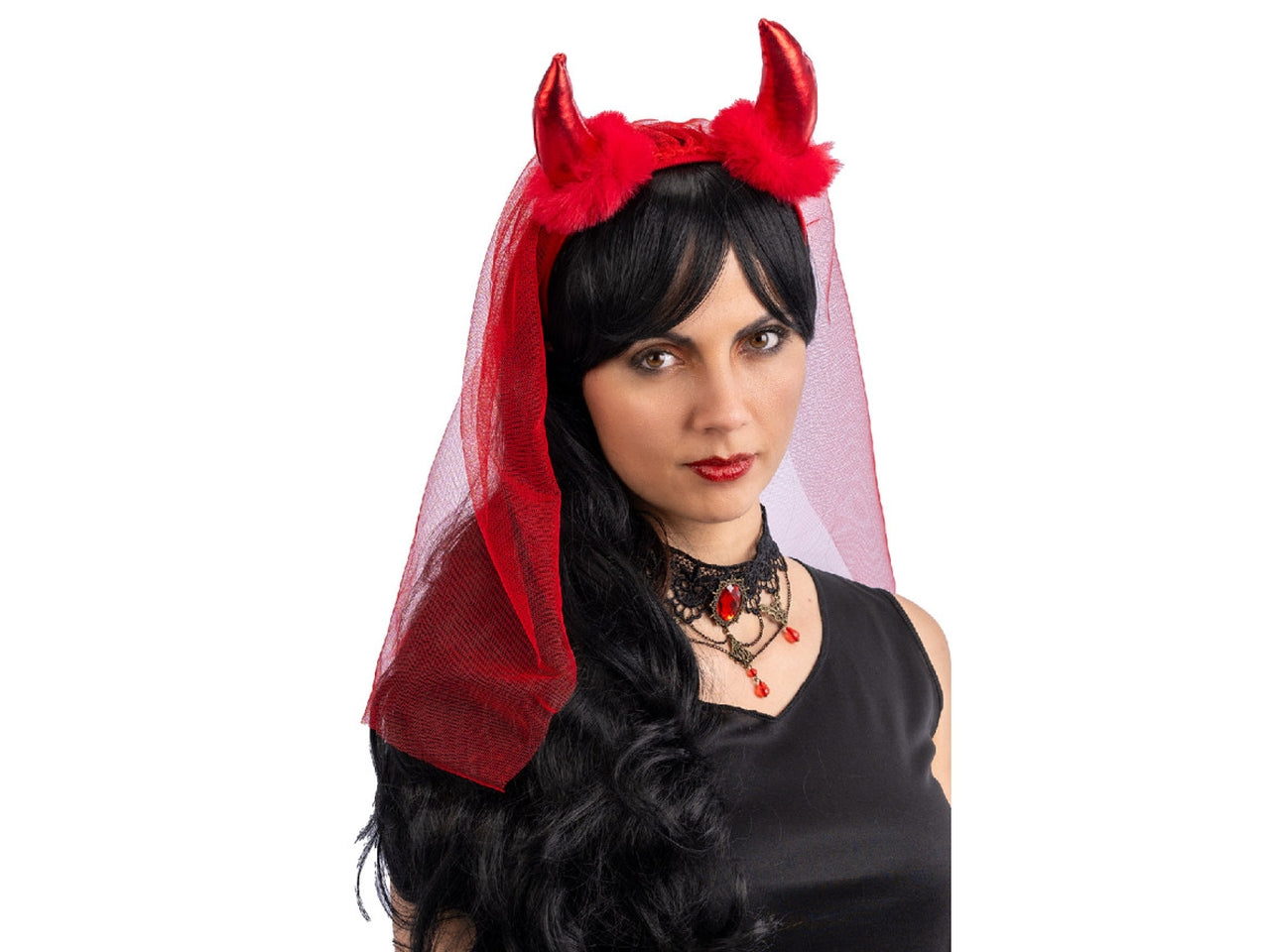 Cerchietto diavolo rosso con marabout e velo in tulle