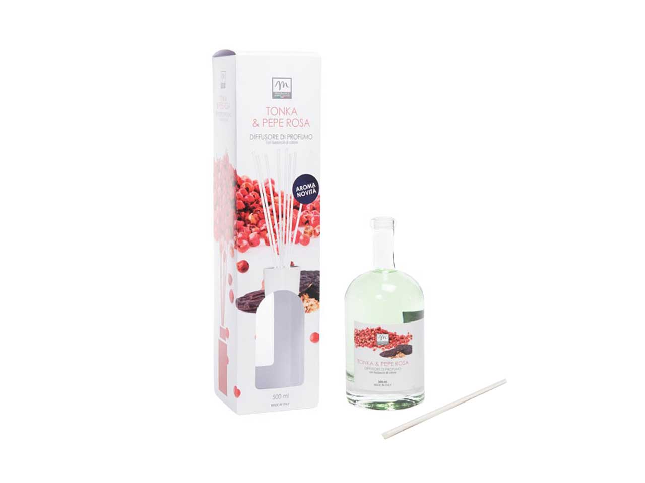 Diffusore di essenza 500 ml tonka e pepe rosa linea bouquet con midollini in cotone