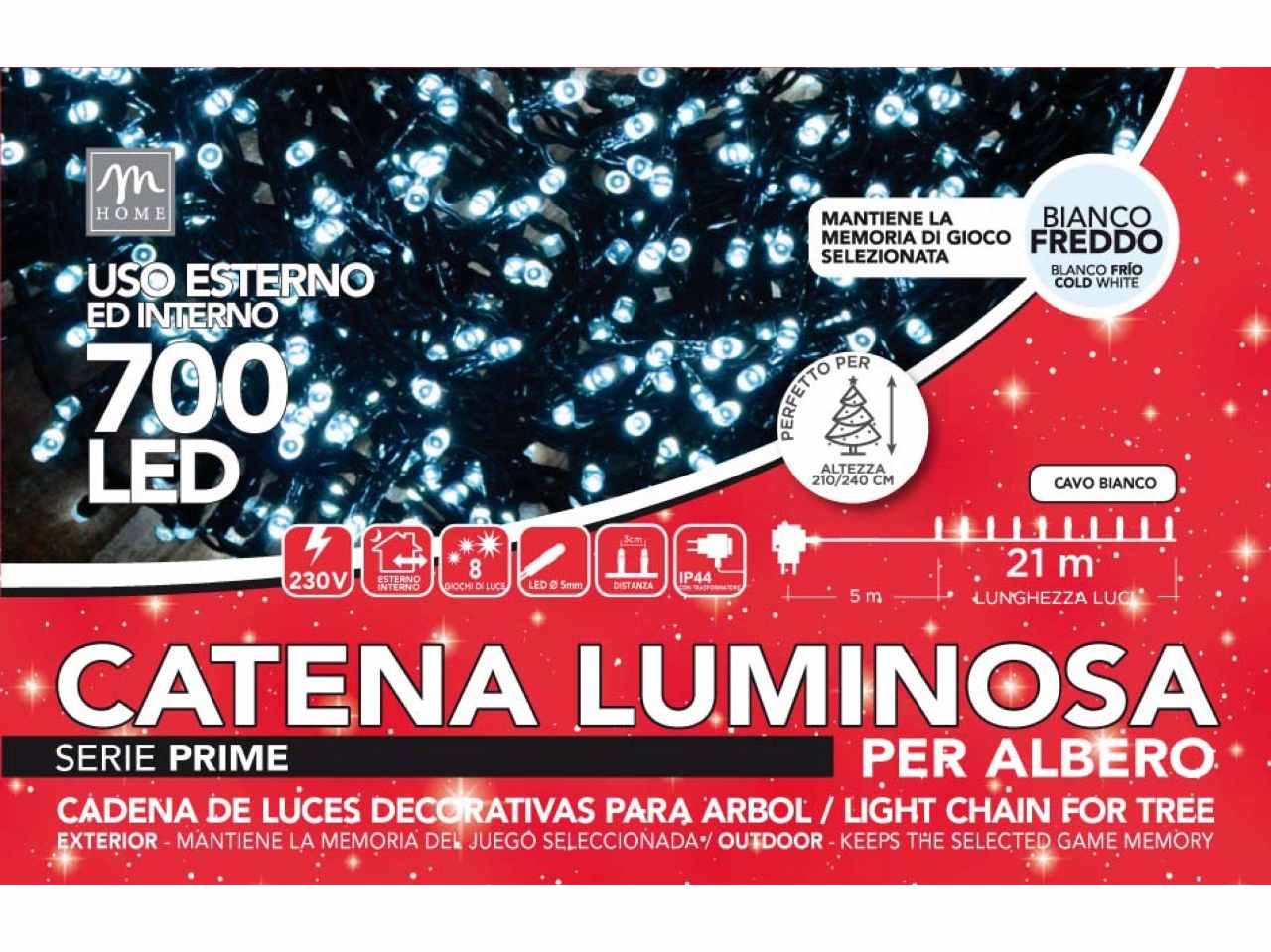 Catena luminosa 700 led colore bianco su filo bianco 8 giochi da esterno lunghezza 26m