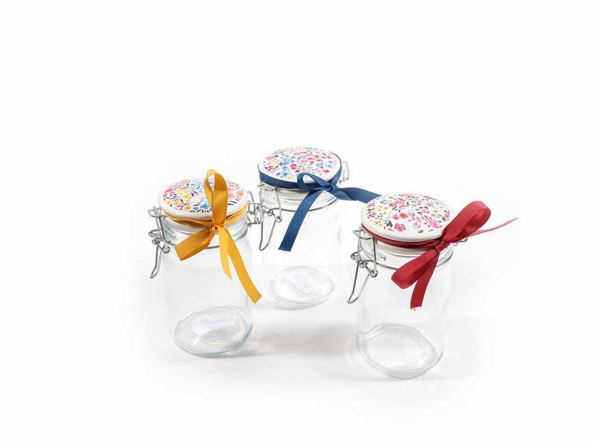 Barattolo in vetro con tappo ermetico 250ml d.6.5xh.12.5cm decori assortiti