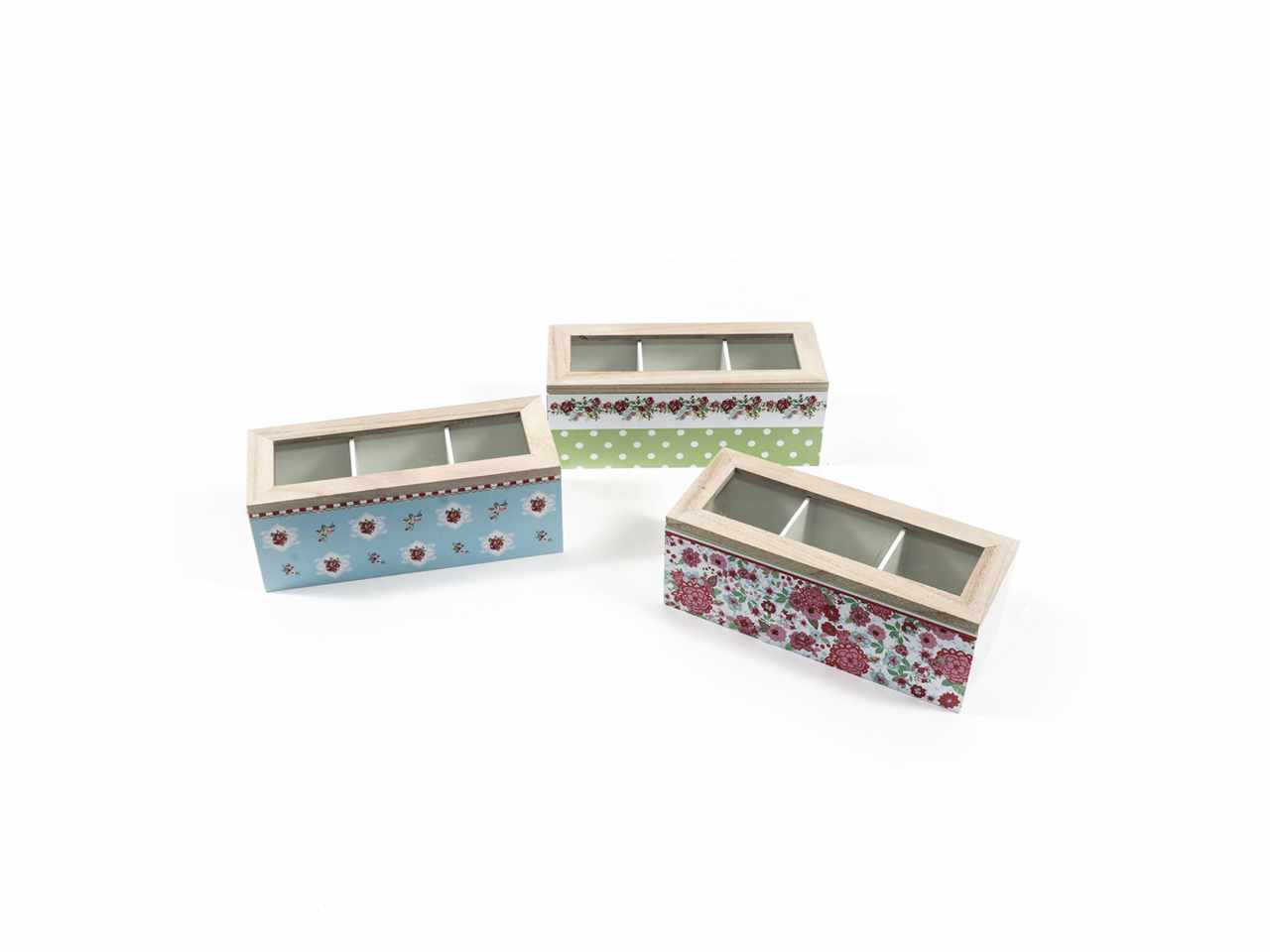Scatola porta the' 3 scomparti in legno 24x10xh.9cm fantasie assortite