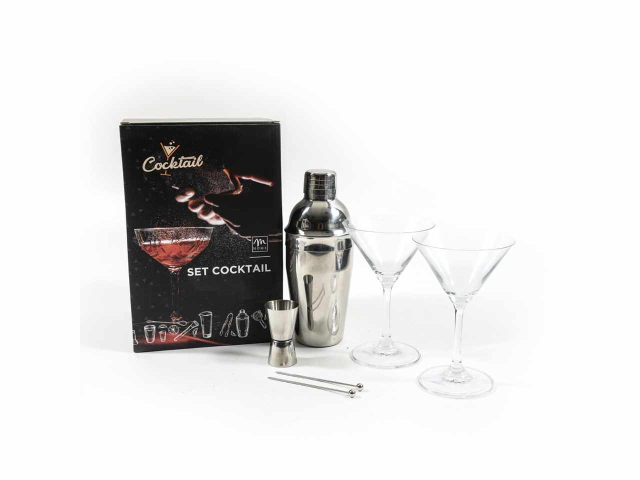 Set da cocktail 6 pezzi con shaker 500ml misurino 2 stecchini in acciaio inox 2 bicchieri aperitivo in vetro scatola regalo