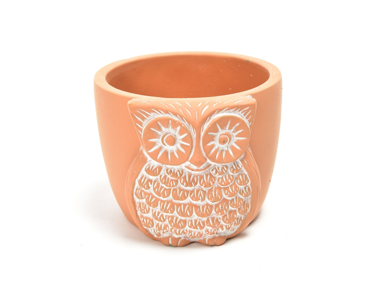 Portavaso gufo in terracotta naturale forma cilindrica con lavorazione a rilievo per uso interno 14x12,5x10 cm - M Home