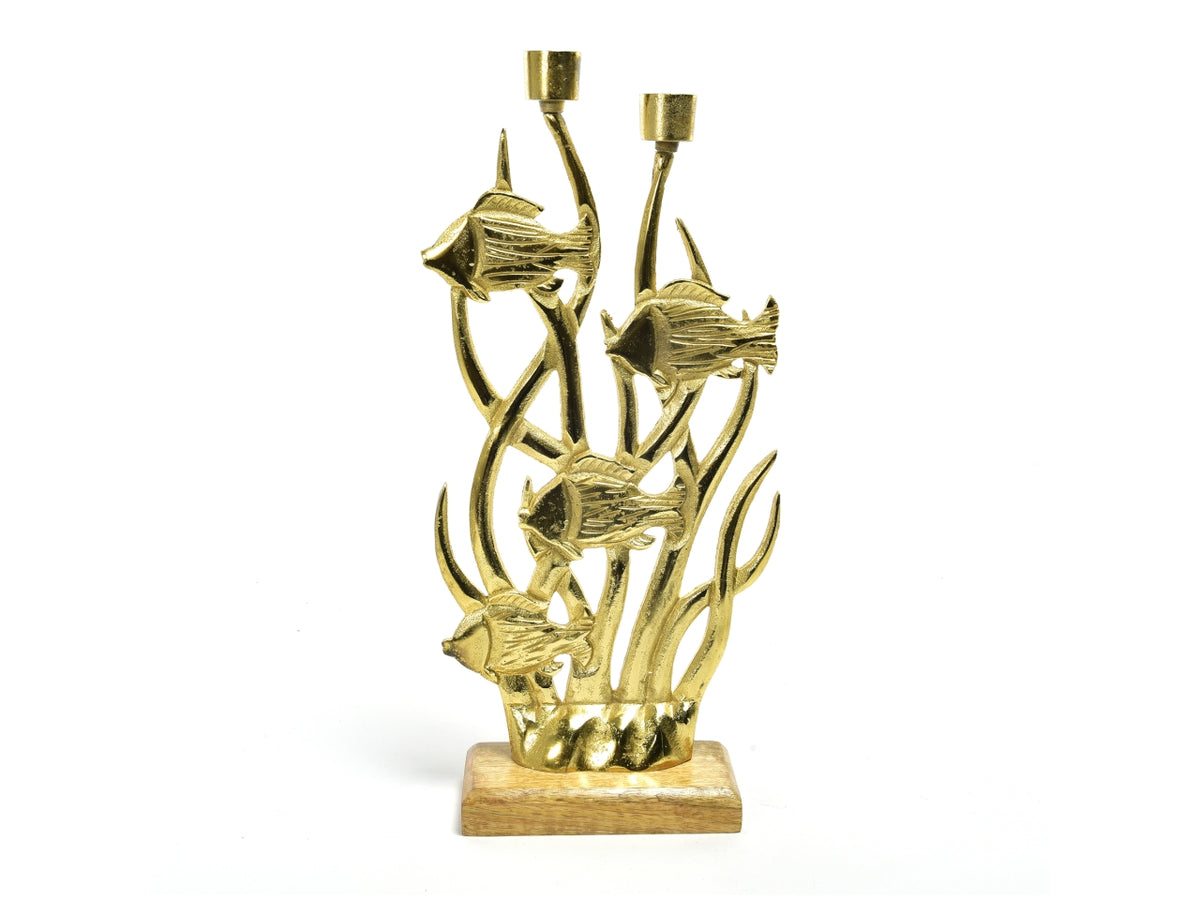 Portacandela corallo a due fuochi in alluminio oro e legno stile marinaro 43x20x8 cm  - Mercury
