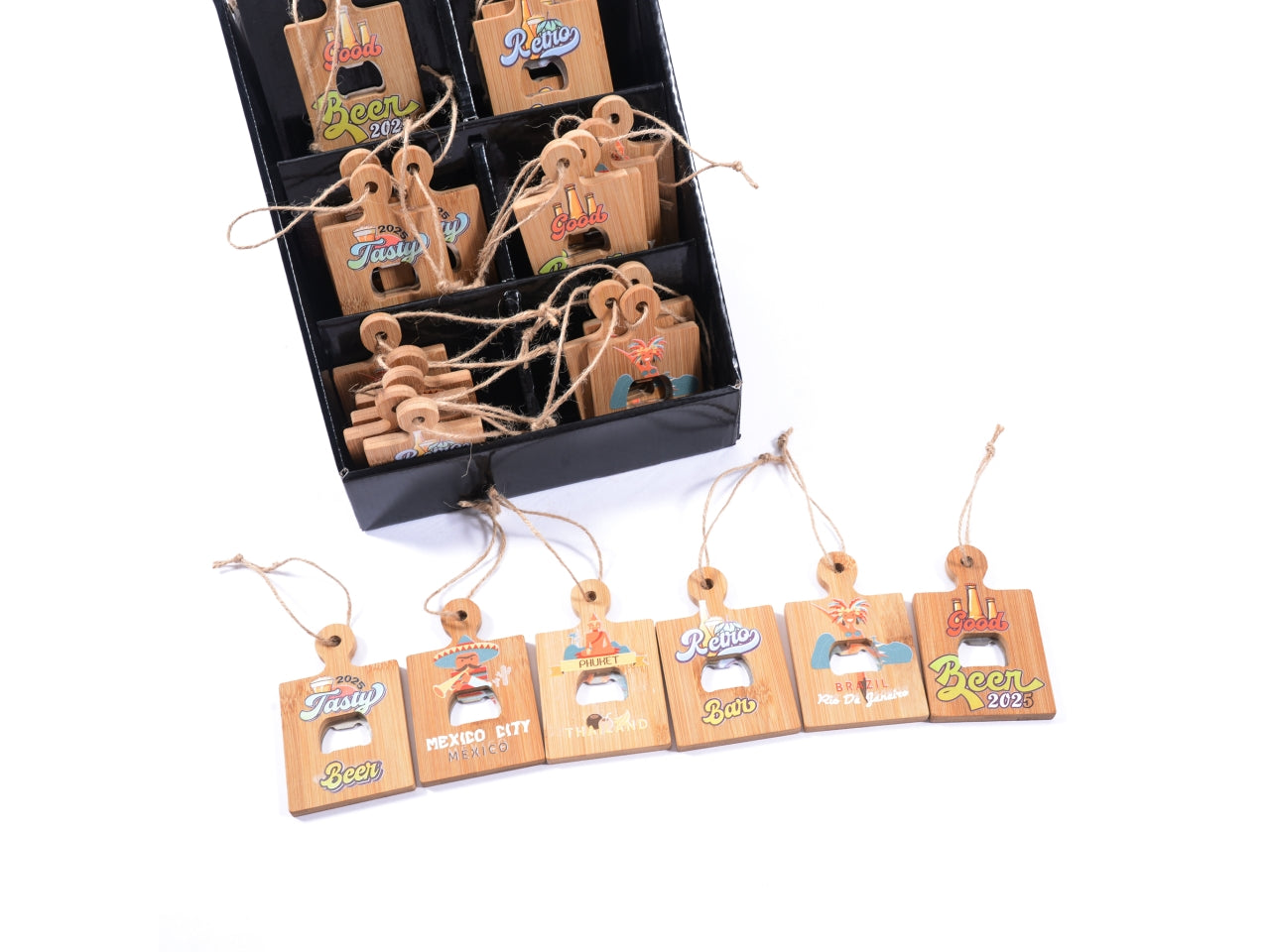 Apribottiglia in bambu' decorato 11x6,5cm decori assortiti espositore regalo