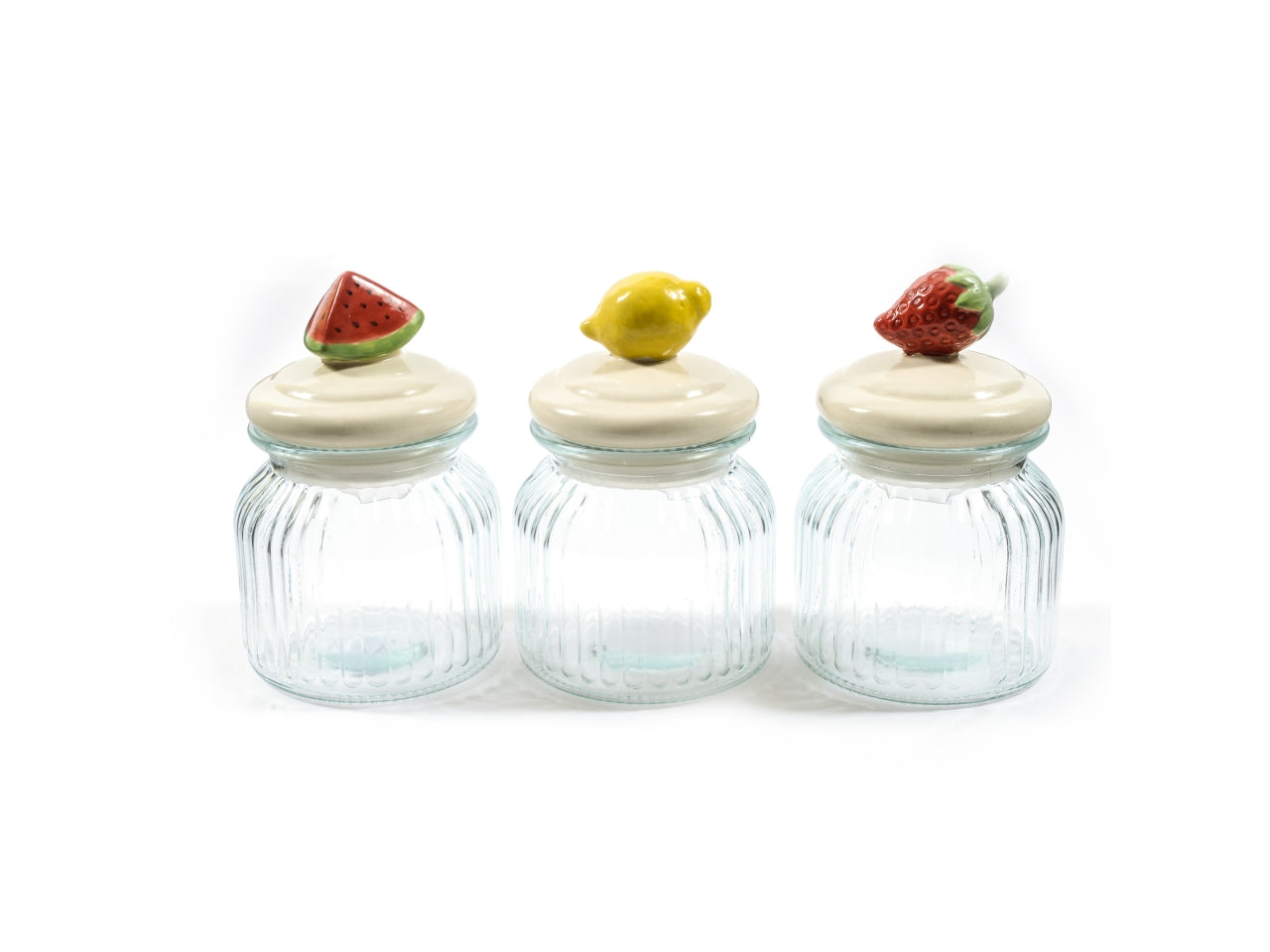 Barattolo ermetico frutta in vetro 650ml d. 11xh.17cm decori assortiti