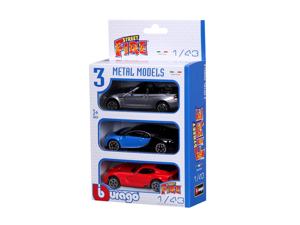 Modellino Auto Street Fire 3-Pack Edition - Scala 1:43: Die-cast, Licenze Ufficiali, Modelli Assortiti, Dimensioni 17,25x5,7x13,35 cm, Confezione con 3 Auto, EtÃ  3+ | Bburago